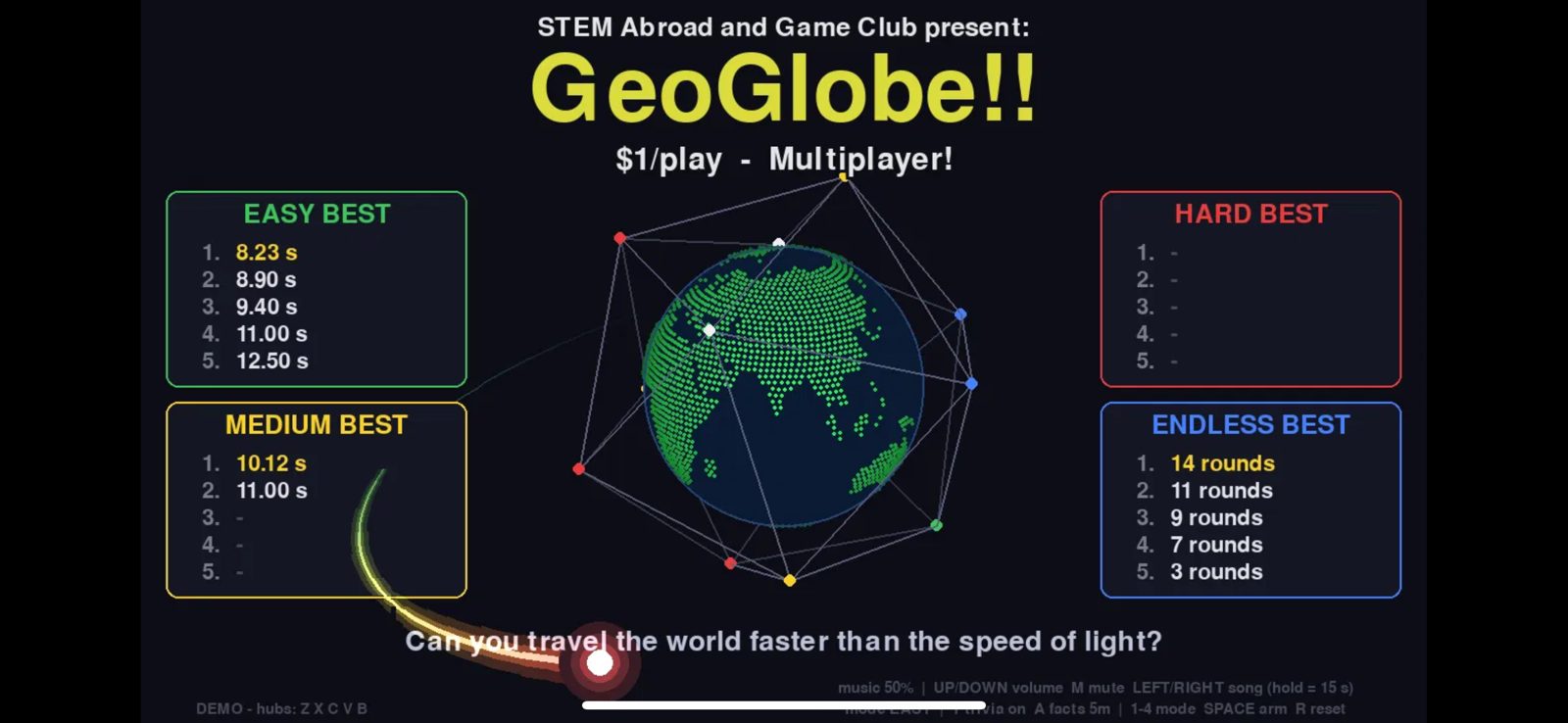 The GeoGlobe title screen: a spinning dot-globe inside a wireframe icosahedron, with leaderboards for each mode